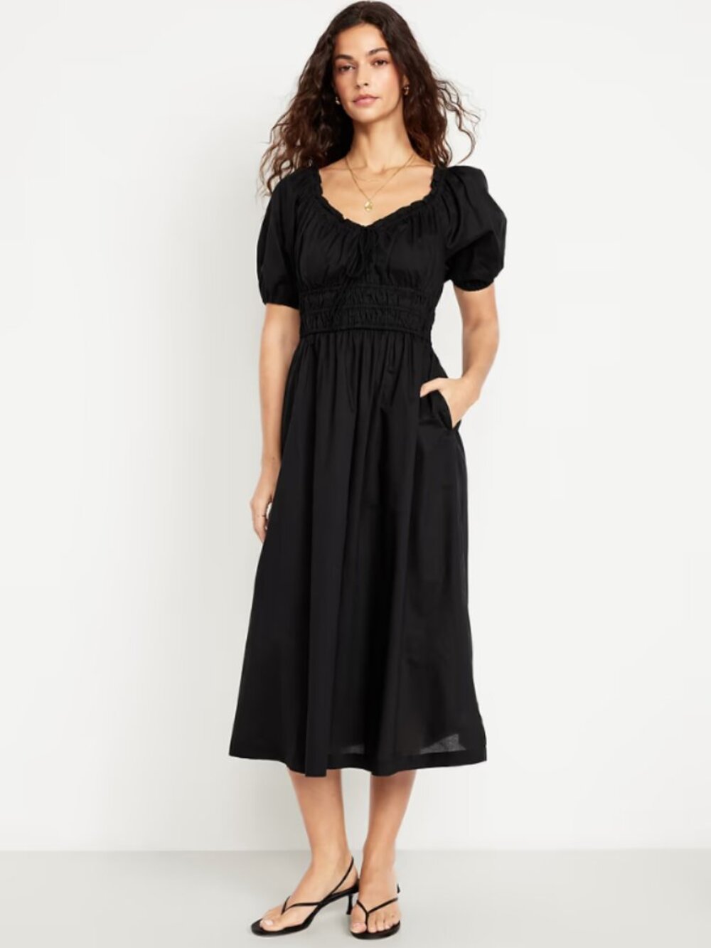 Old Navy Black Midi Dress with Puff Sleeves